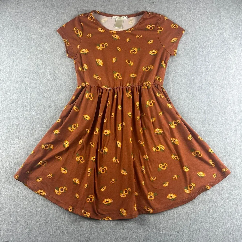 Girls Size 8 Rust Brown Sunflower Floral Dress Pockets Fall Fit & Flare